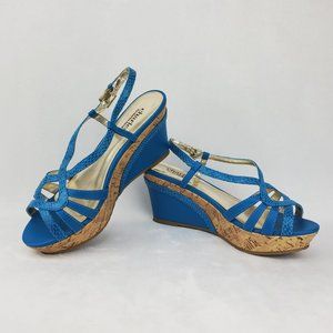 Charles David Teal Snake Print Cork Wedge Sandals